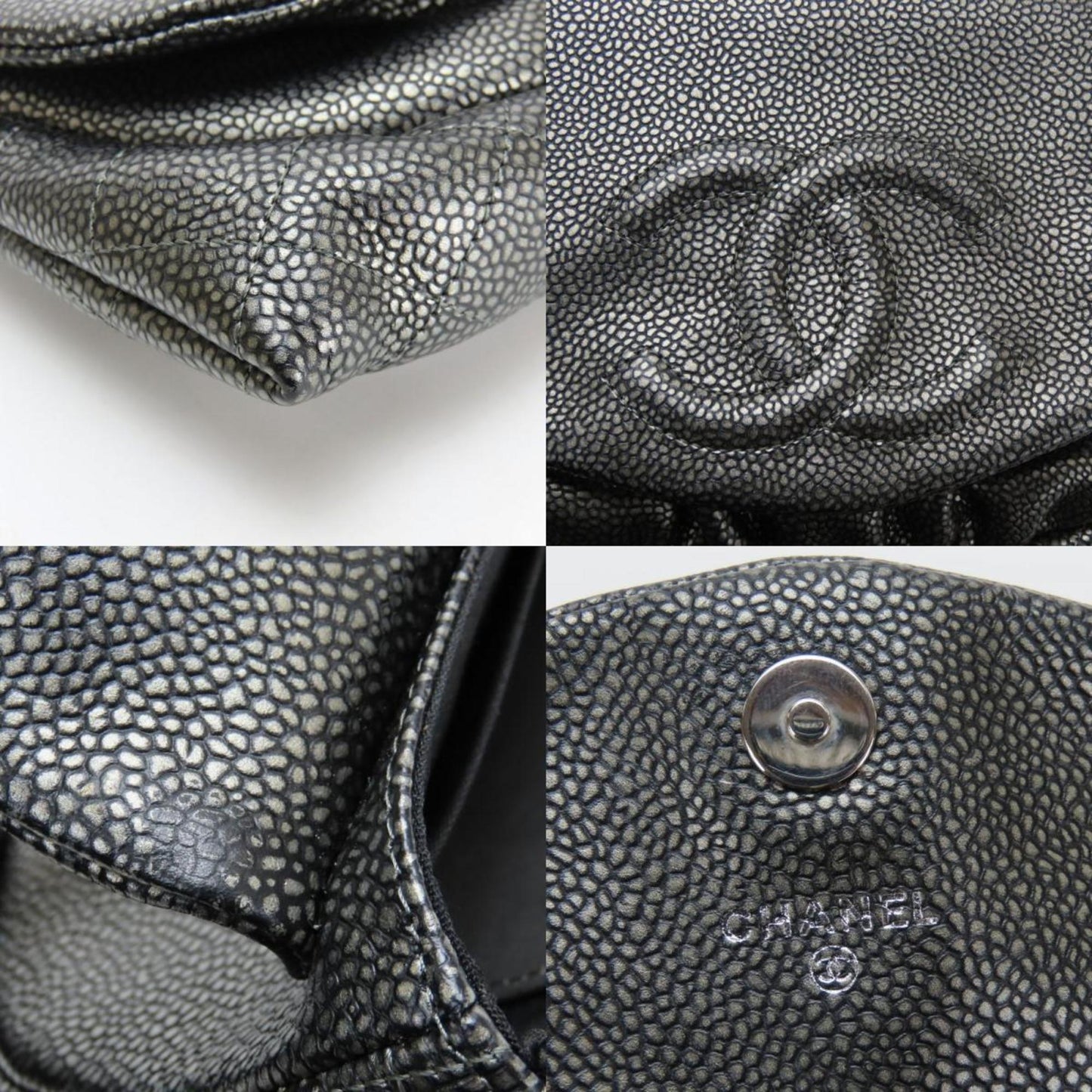 Chanel Half Moon Chain Wallet Shoulder Bag In Metallic Soft Caviar Leather With Silver Coco Mark