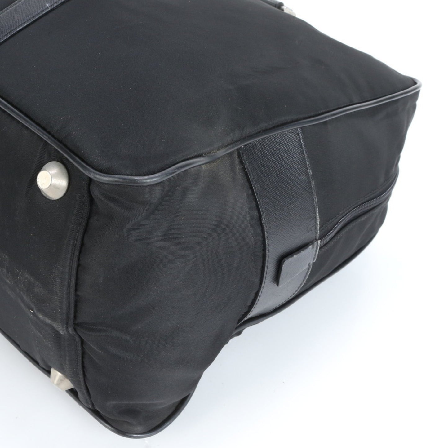 Prada Tessuto Nylon Triangular Logo Leather Boston Bag Tote Travel Black