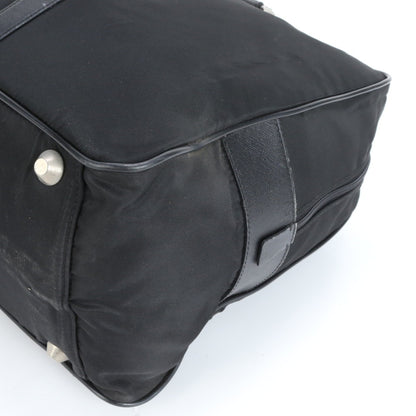 Prada Tessuto Nylon Triangular Logo Leather Boston Bag Tote Travel Black