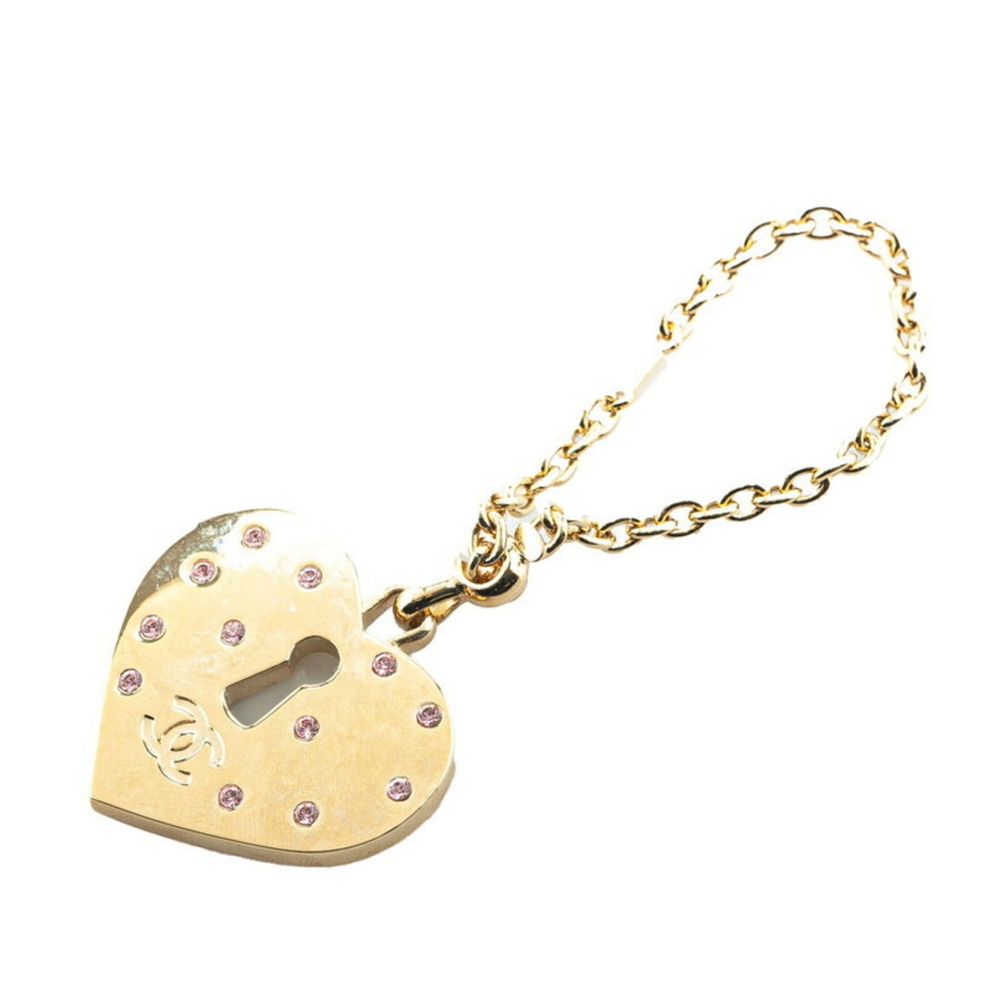 Chanel Heart Coco Mark Rhinestone Keychain Bag Charm Gold Pink Plated