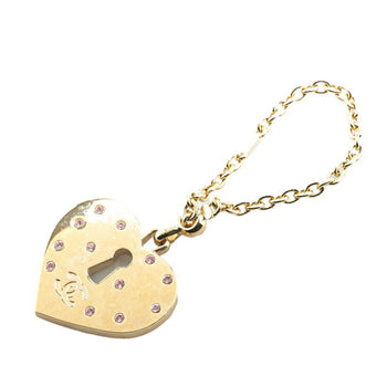 Chanel Heart Coco Mark Rhinestone Keychain Bag Charm Gold Pink Plated