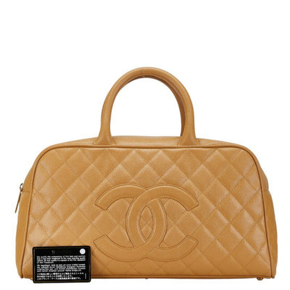 Chanel Matelasse Coco Mark Bowling Bag Handbag Beige Caviar Skin