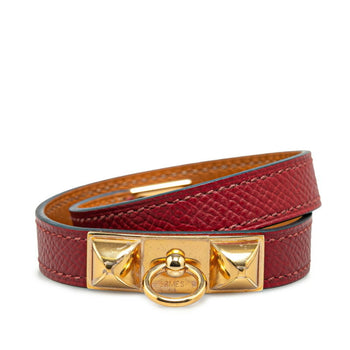 Hermes Rival Collier De Chien Double Tour 2-Row Bracelet Wine Red Gold Epsom Leather