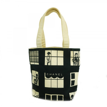 Chanel Tote Bag Window Canvas Black White Champagne