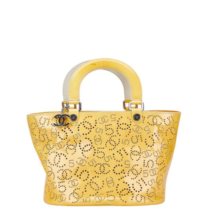 Chanel Perforated Coco Mark No. 5 Handbag Tote Bag Yellow Patent Leather