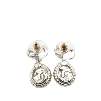 Chanel Coco Mark Ribbon Motif Rhinestone Stud Earrings In Silver Metal