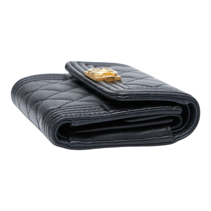 Chanel Matelasse Boy Chanel Coco Mark Bifold Wallet Black Caviar Skin