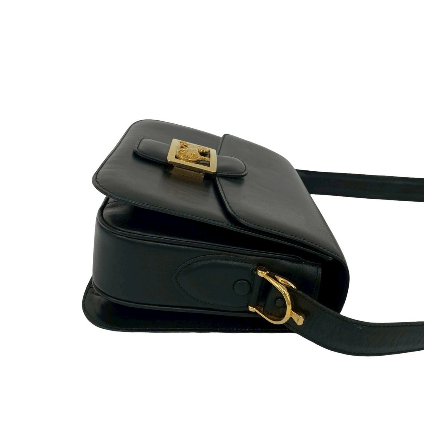Celine Vintage Logo Horse-Drawn Carriage Hardware Calf Leather Shoulder Bag/Pochette/Sacoche Black