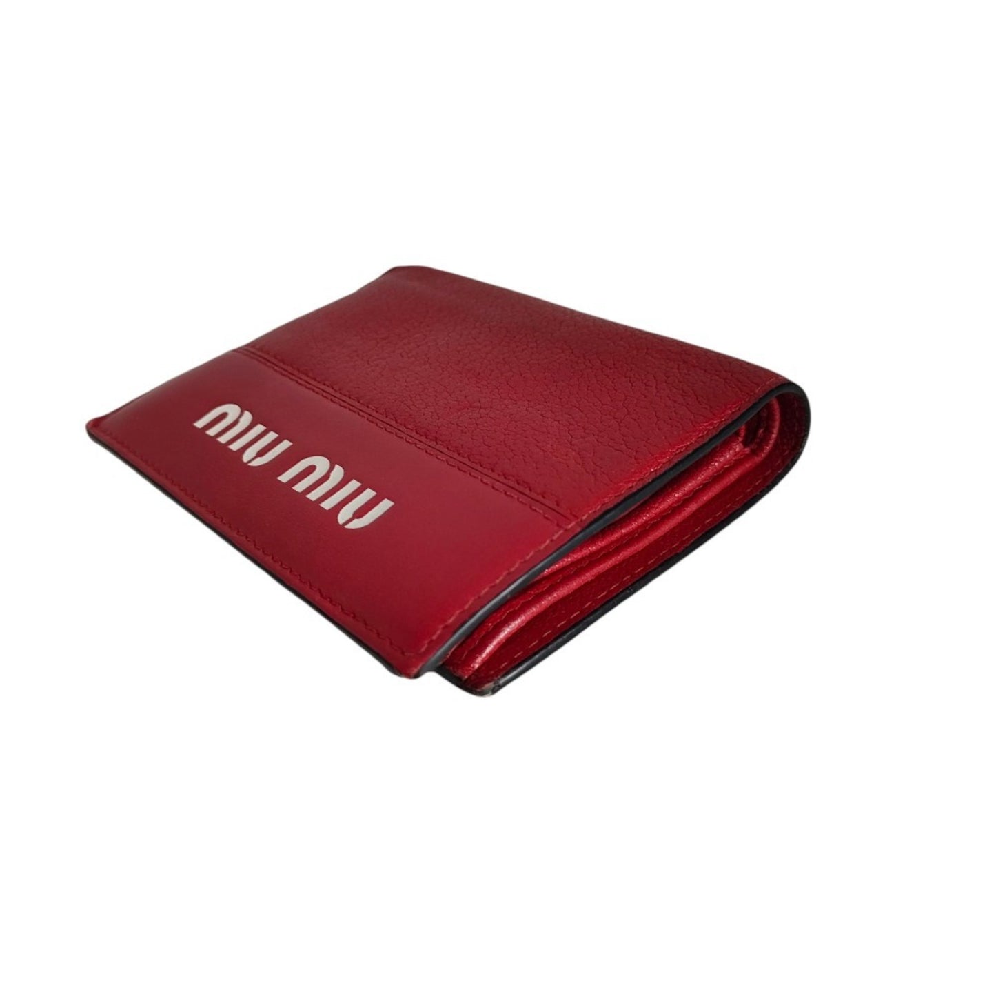 Miumiu Miu Madras City Calfskin Logo Compact Wallet Bifold 5Mv204 Red With Box