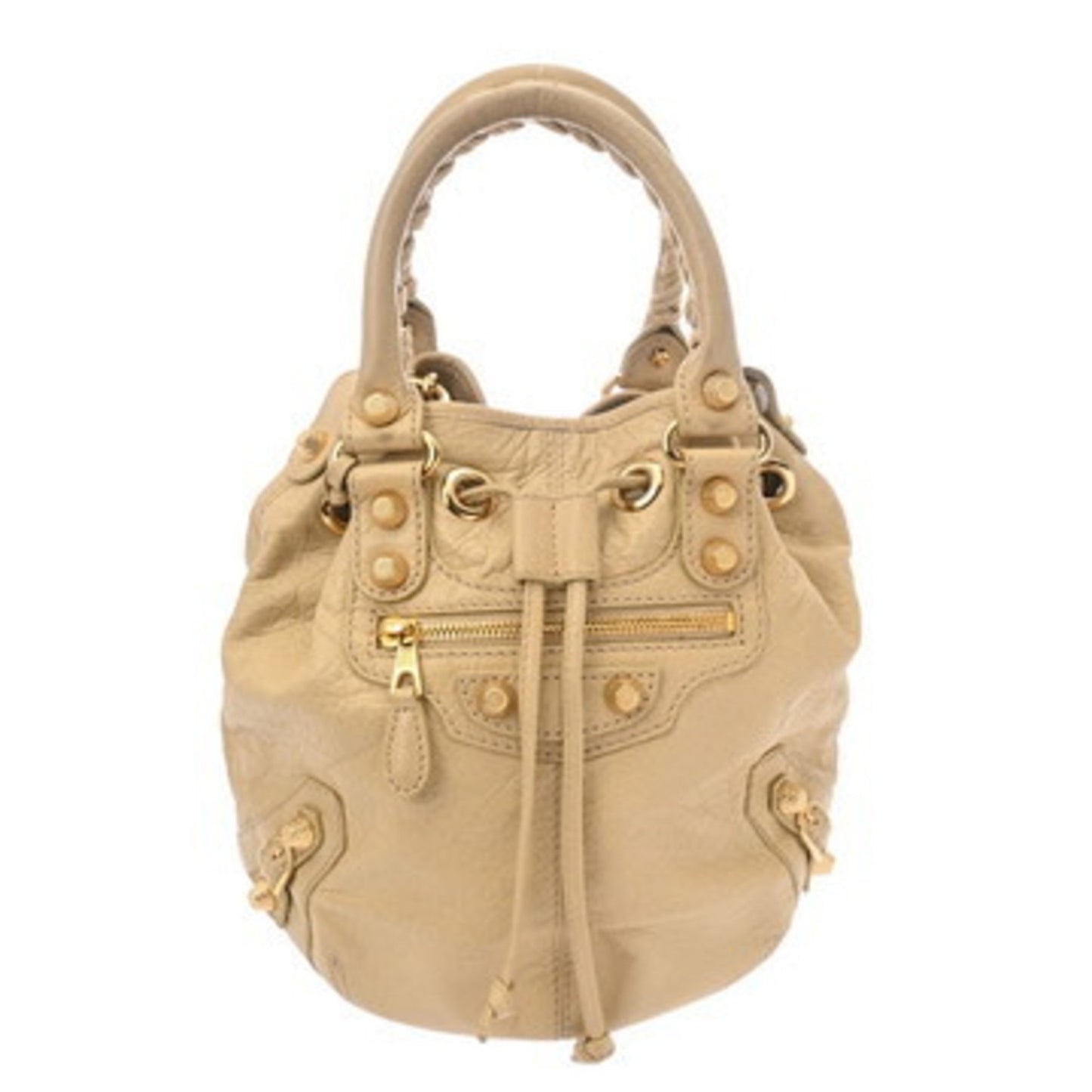 Balenciaga Giant Mini Pompon 2-Way Beige Leather Handbag With Gold Hardware