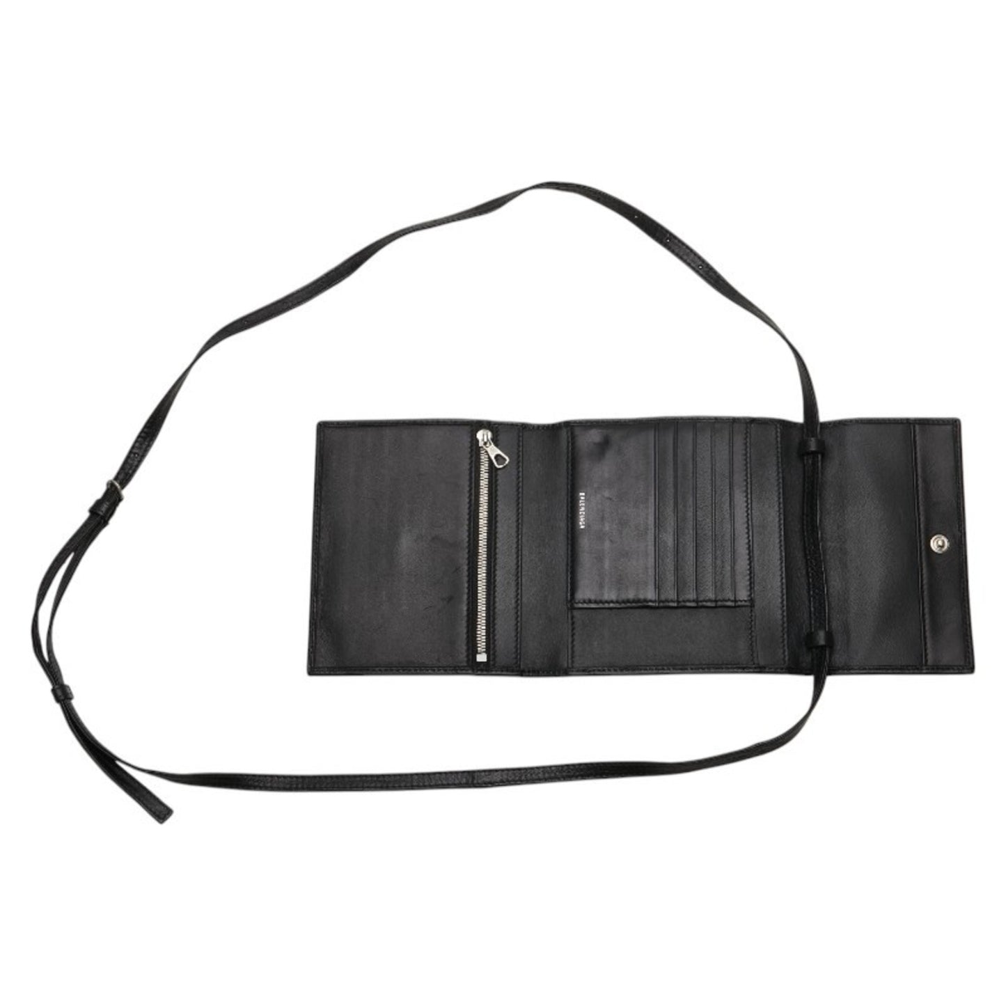 Balenciaga B Logo Trifold Shoulder Wallet 580037 Black Leather