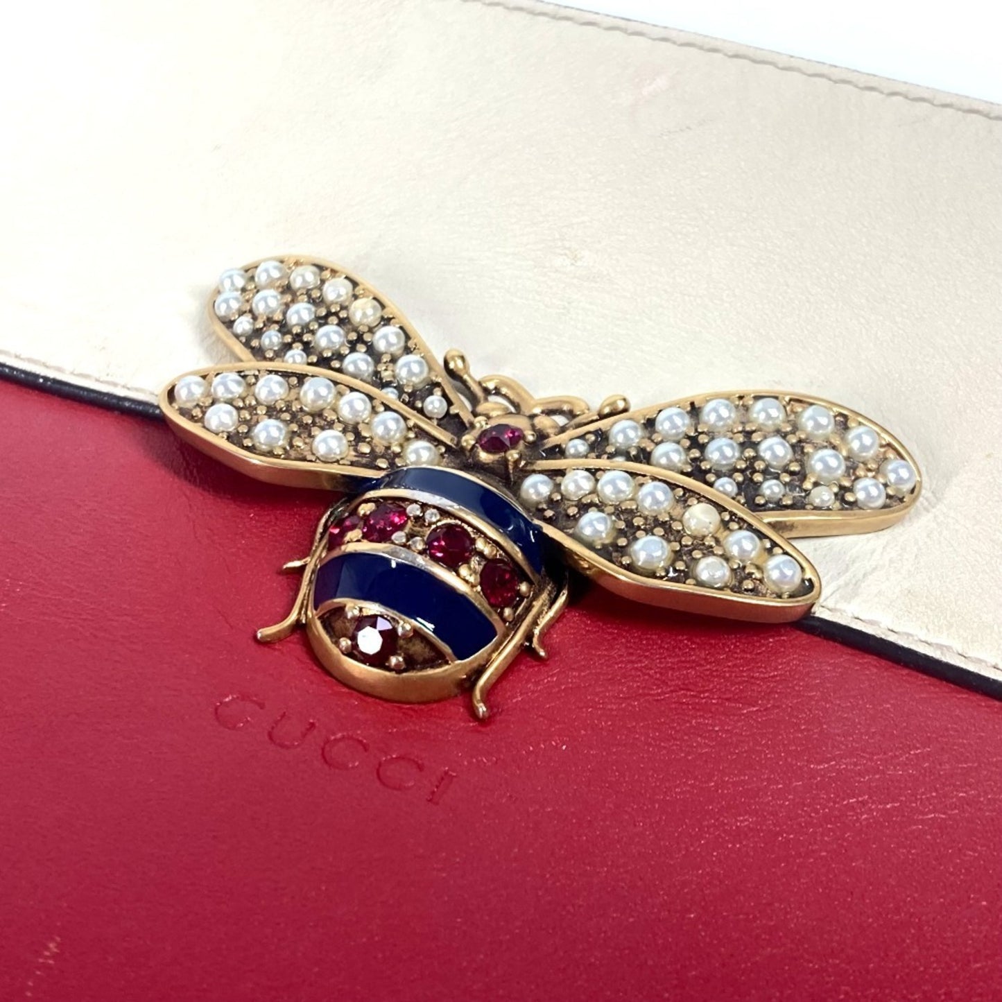 Gucci 476077 Bee Border Pearl And Rhinestone Clutch Bag