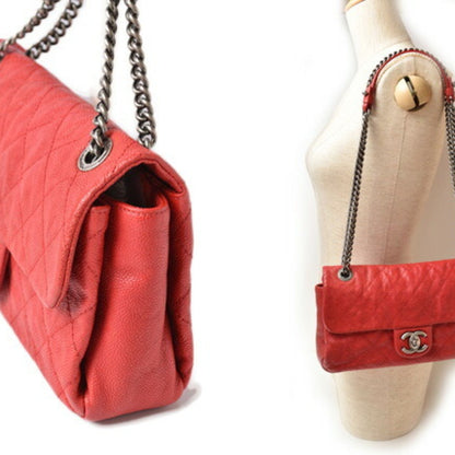 Chanel Chain Shoulder Bag Caviar Skin Matelasse Quilted Stitch Red Silver