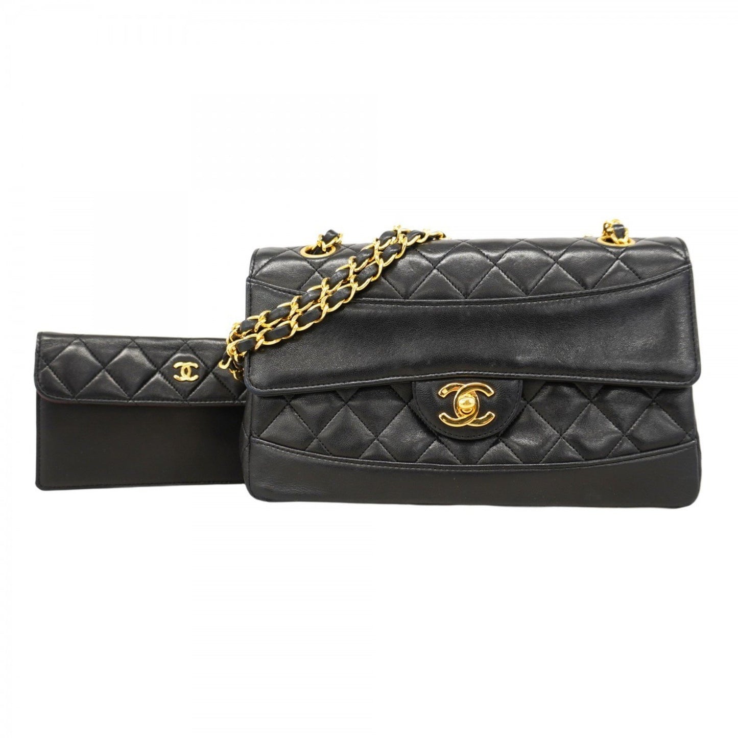 Chanel Shoulder Bag Matelasse W Chain Lambskin Black