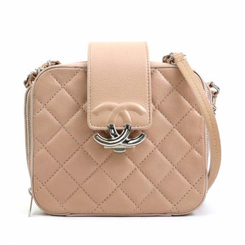 Chanel Shoulder Bag Caviar Skin Leather Pink Beige Silver