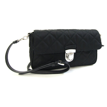 Prada Shoulder Bag 1Bh025 Black Nylon Leather Pochette Crossbody Quilted