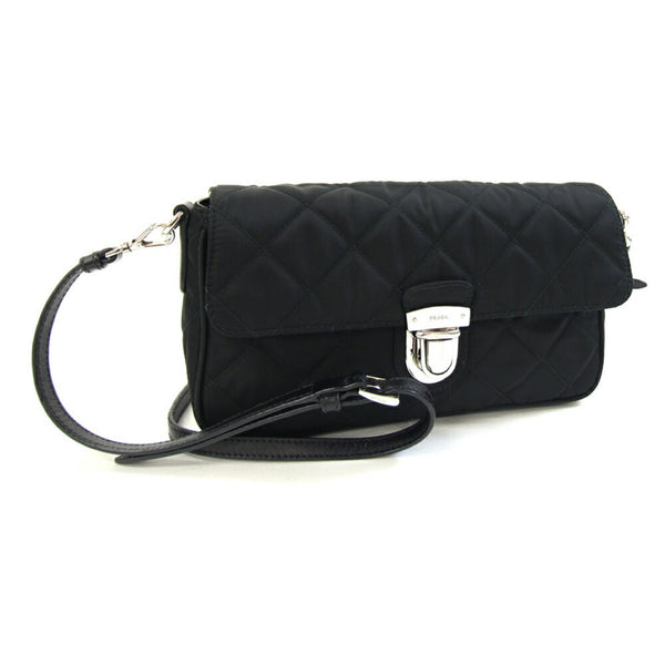 Prada Shoulder Bag 1Bh025 Black Nylon Leather Pochette Crossbody Quilted