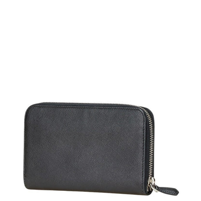 Prada Triangle Logo Plate Long Wallet Round Zipper Black Leather