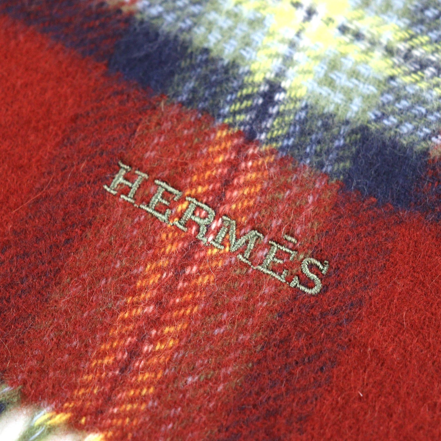 Hermes Back To School 100% Cashmere Checked Scarf With Embroidered Logo And Fringe