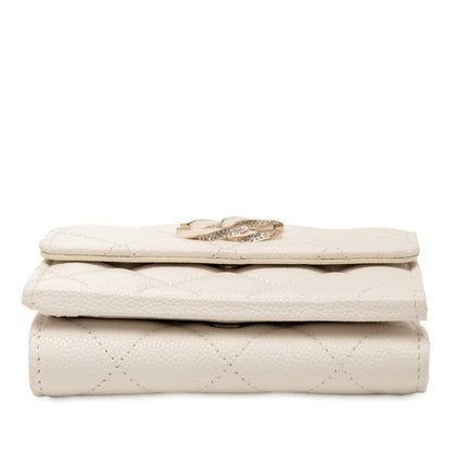 Chanel Matelasse Coco Mark Rhinestone Tri-Fold Wallet In White Caviar Leather