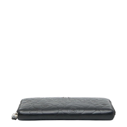 Chanel Coco Mark Camellia Round Zip Long Wallet In Black Lambskin