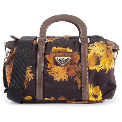 Prada Floral Print Shoulder Bag In Dark Brown
