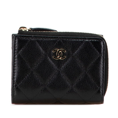 Chanel Matelasse Coco Mark Tri-Fold Wallet In Black Caviar Skin