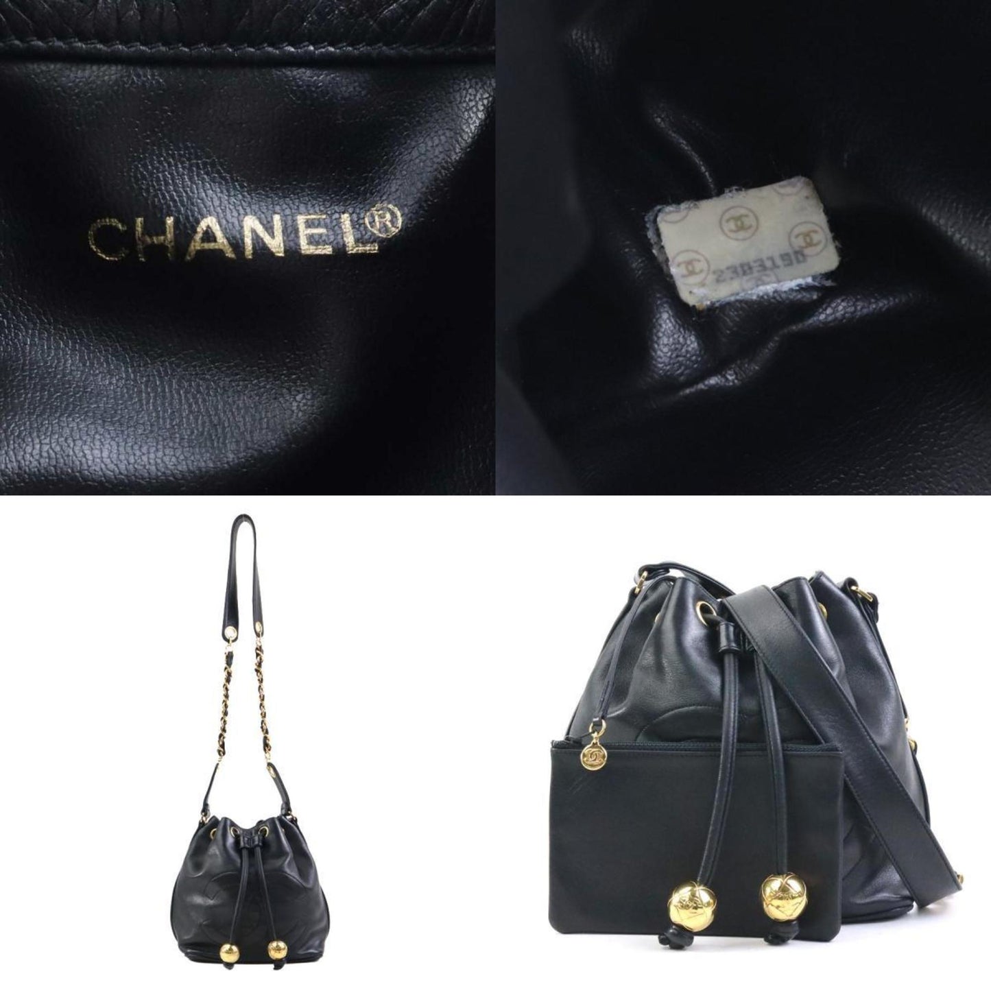 Chanel Shoulder Bag Leather Metal Black Gold