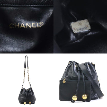 Chanel Shoulder Bag Leather Metal Black Gold
