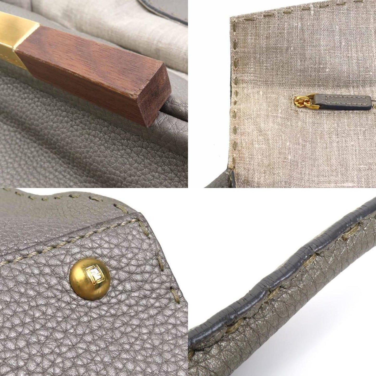 Fendi Handbag Selleria Leather Grey Gold