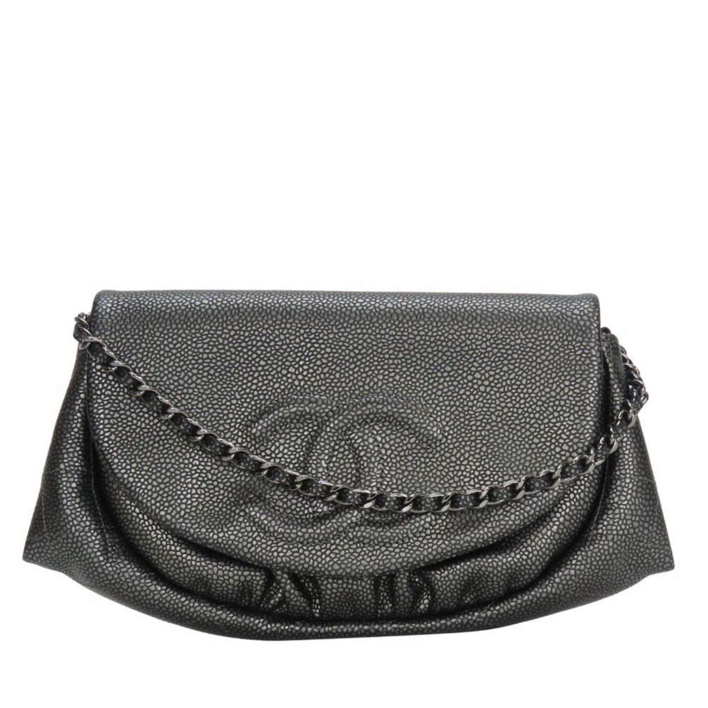 Chanel Half Moon Chain Wallet Shoulder Bag In Metallic Soft Caviar Leather With Silver Coco Mark