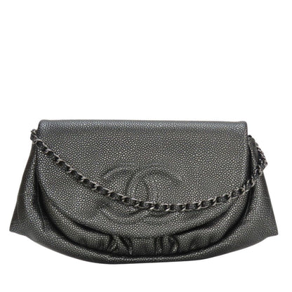 Chanel Half Moon Chain Wallet Shoulder Bag In Metallic Soft Caviar Leather With Silver Coco Mark