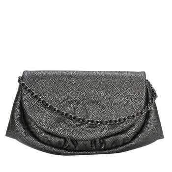 Chanel Half Moon Chain Wallet Shoulder Bag In Metallic Soft Caviar Leather With Silver Coco Mark