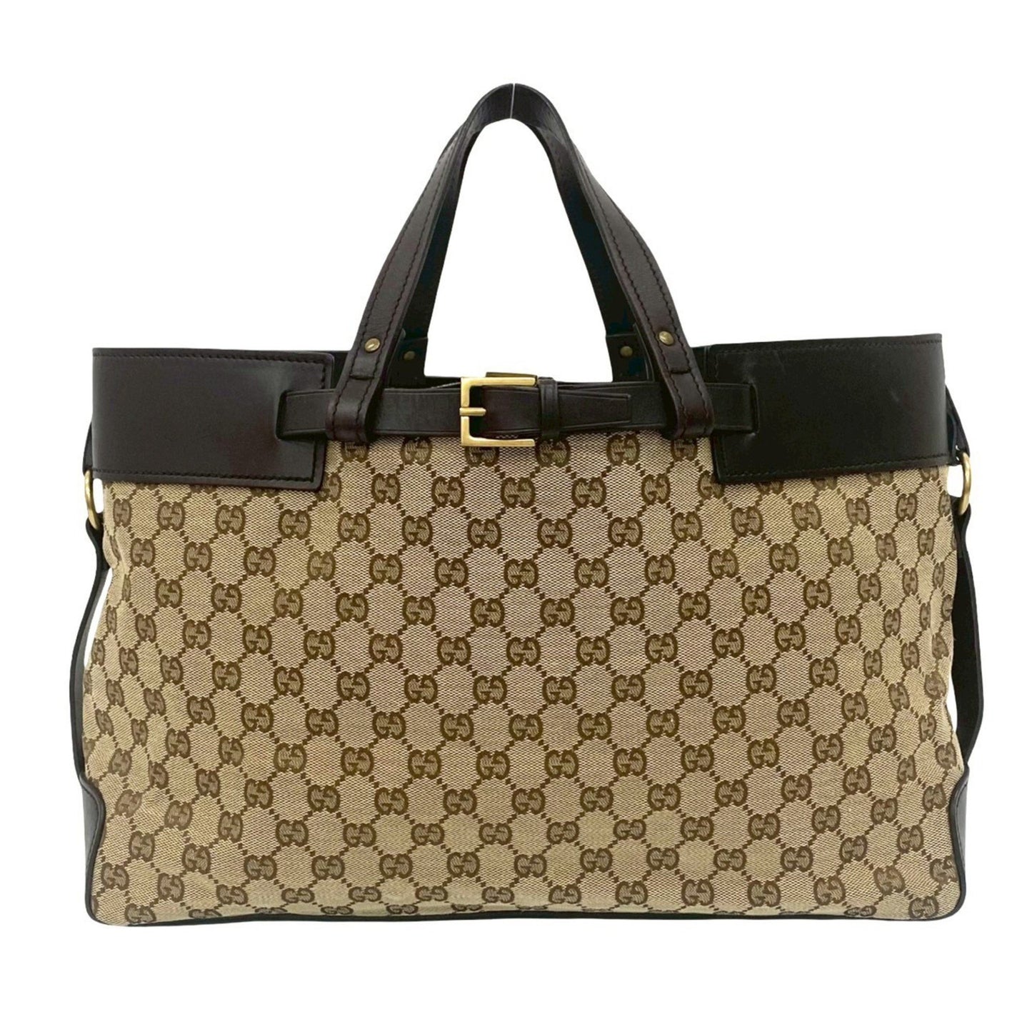 Gucci Gg Logo Belt Clasp Canvas And Leather Tote Bag