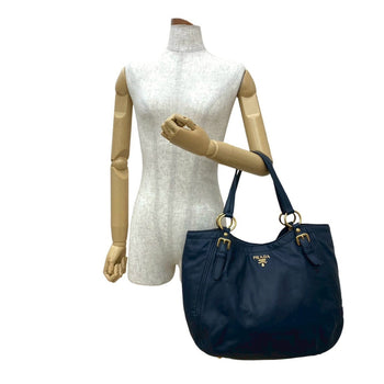 Prada Prada Gold Logo Hardware Leather Genuine Tote Bag Handbag Semi-Shoulder Navy Blue 33-10