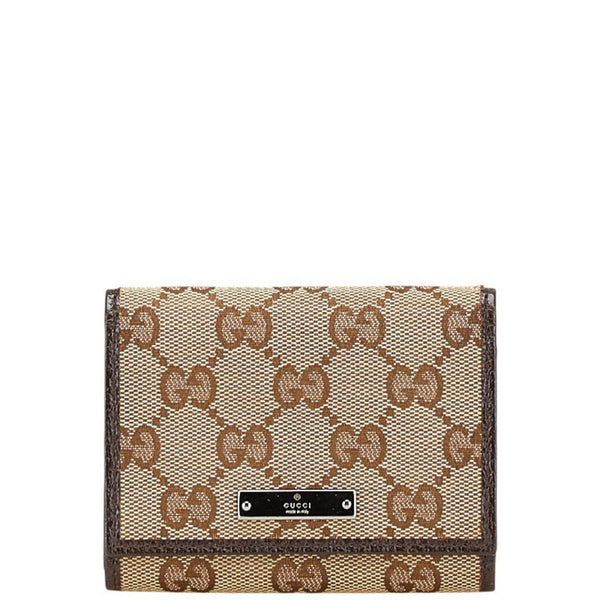 Gucci Gg Canvas Logo Plate Card Case 131886 Beige Dark Brown Leather