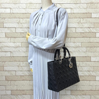 Christian Dior Lady Large Cannage Shoulder Bag In Black Leather