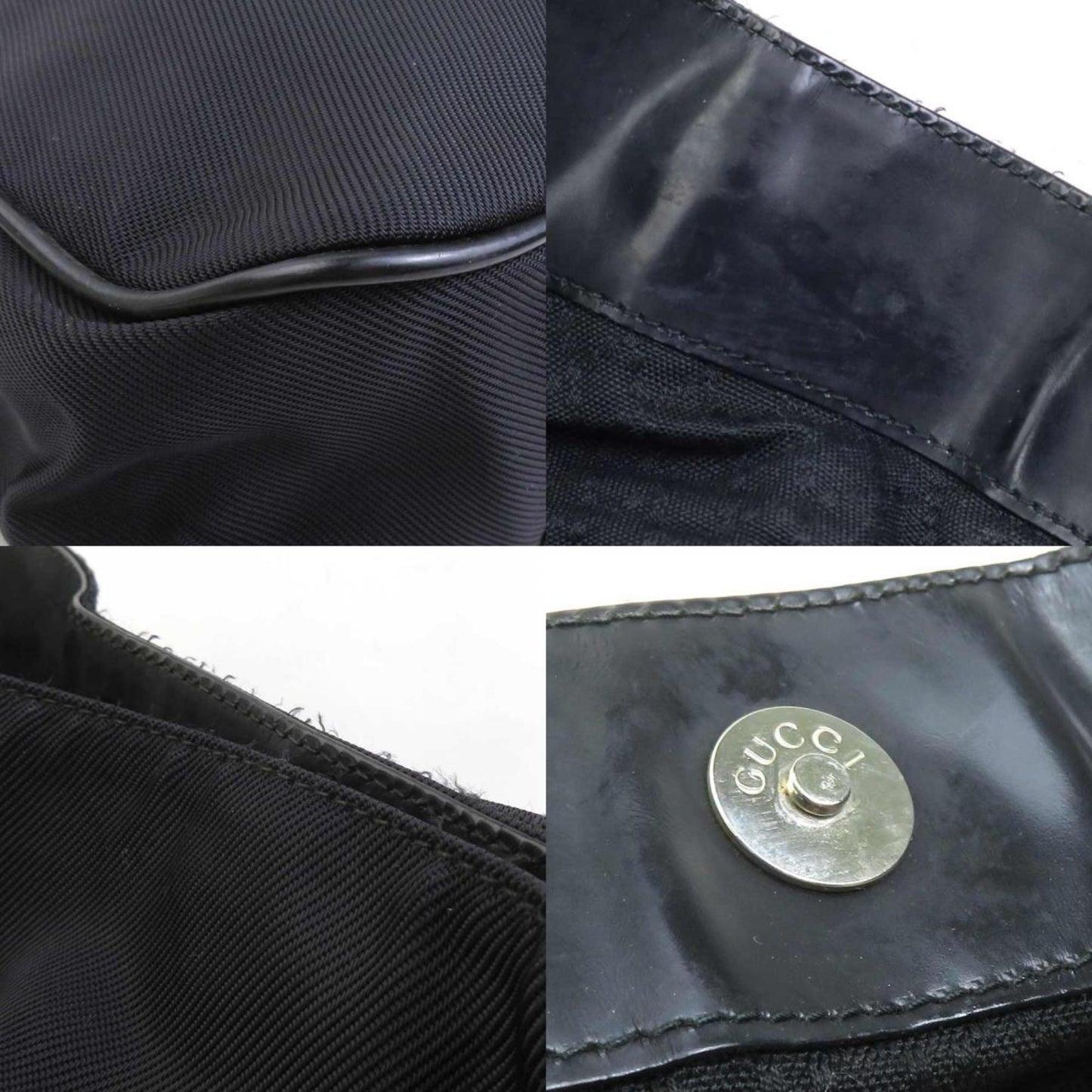 Gucci Shoulder Bag Bamboo Nylon Canvas Leather Black Silver