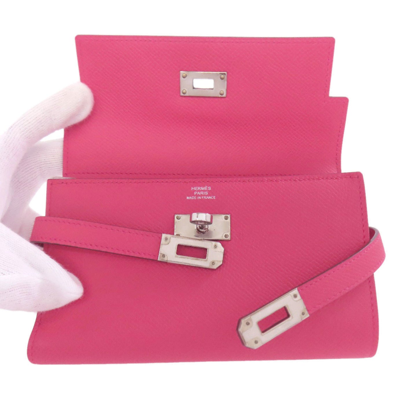 Hermes Herms Kelly Wallet Compact Rose Extreme Silver Hardware Bifold Epson