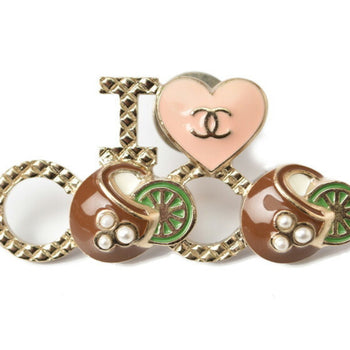 Chanel Brooch Pin Badge I Love Coco Heart Motif Gold Brown