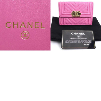 Chanel Tri-Fold Wallet Boy Chanel Caviar Skin Leather Pink Gold