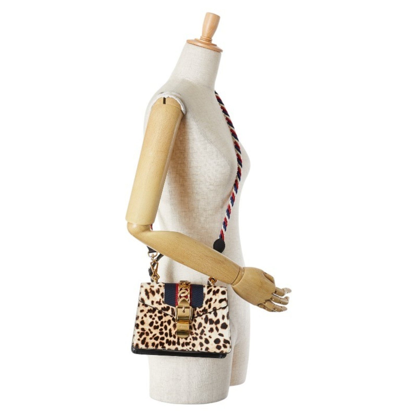 Gucci Sherry Line Sylvie Leopard Mini Handbag Shoulder Bag 470270 Beige Brown Pony Leather