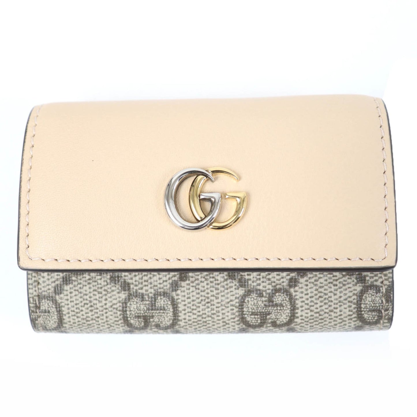 Gucci 795649 Double G Key Case In Beige Leather And Gg Supreme Canvas