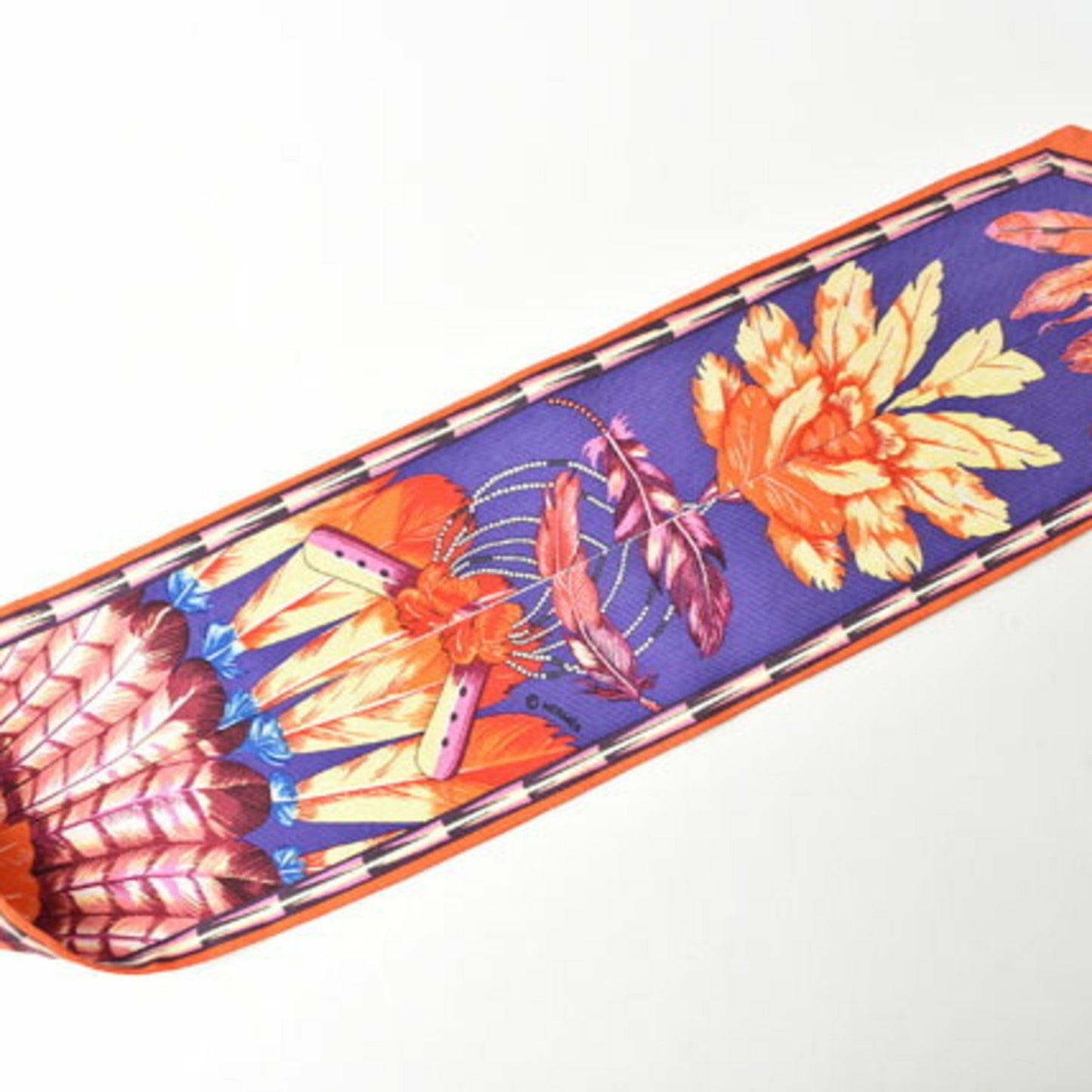 Hermes Twilly Scarf Muffler Hermes Silk Twill Feather Motif Purple Orange Multi