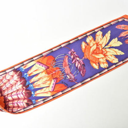 Hermes Twilly Scarf Muffler Hermes Silk Twill Feather Motif Purple Orange Multi