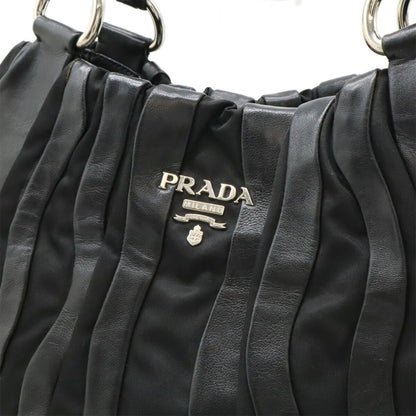 Prada Crimson Stripe Handbag Tote Bag Nylon Leather Nero Black Br3994