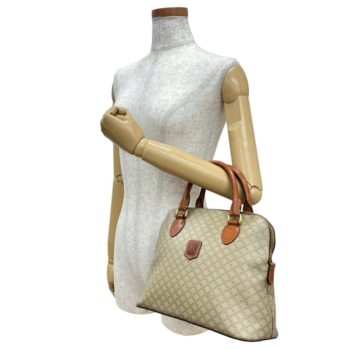 Celine Vintage Macadam Triomphe Logo Leather Handbag/Boston Bag In Beige