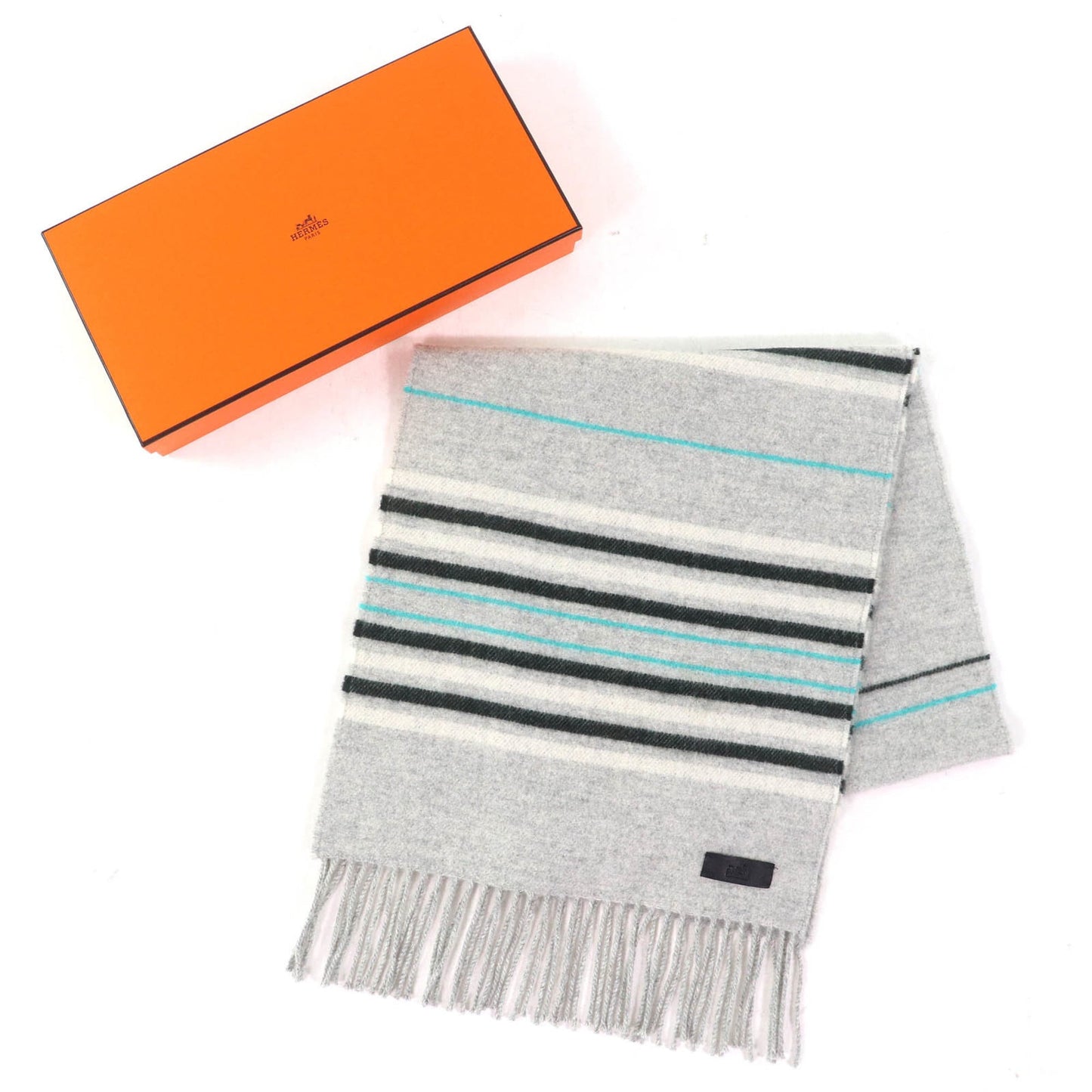 Hermes Neo Rocabar 100% Cashmere Gris Chine Leather Logo Patch Fringe Scarf/Shawl With Box