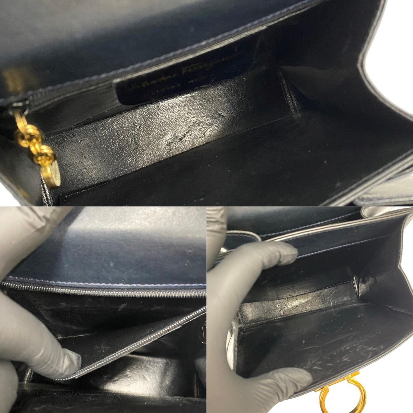 Salvatore Ferragamo Gancini Hardware Leather 2Way Shoulder Bag Handbag Navy