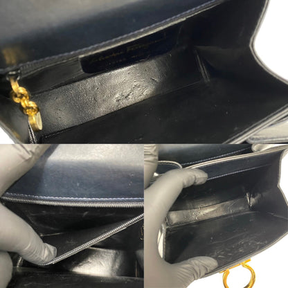 Salvatore Ferragamo Gancini Hardware Leather 2Way Shoulder Bag Handbag Navy